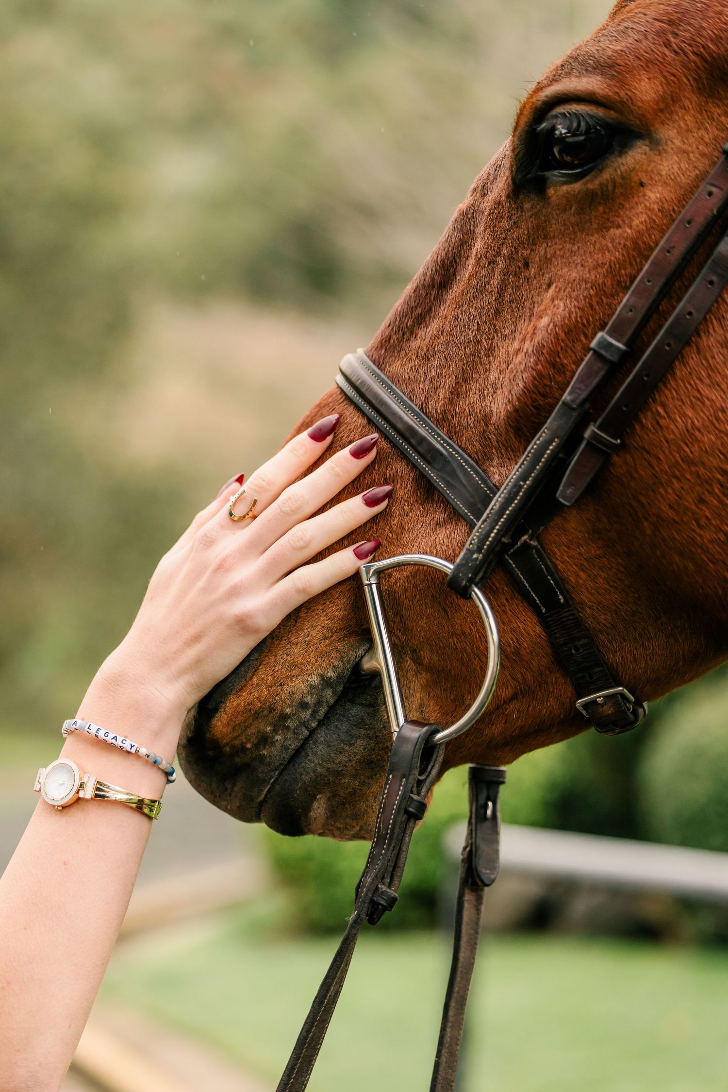 A hand with red nails and bracelet gently touches the face of a chestnut brown horse wearing leather bridle.