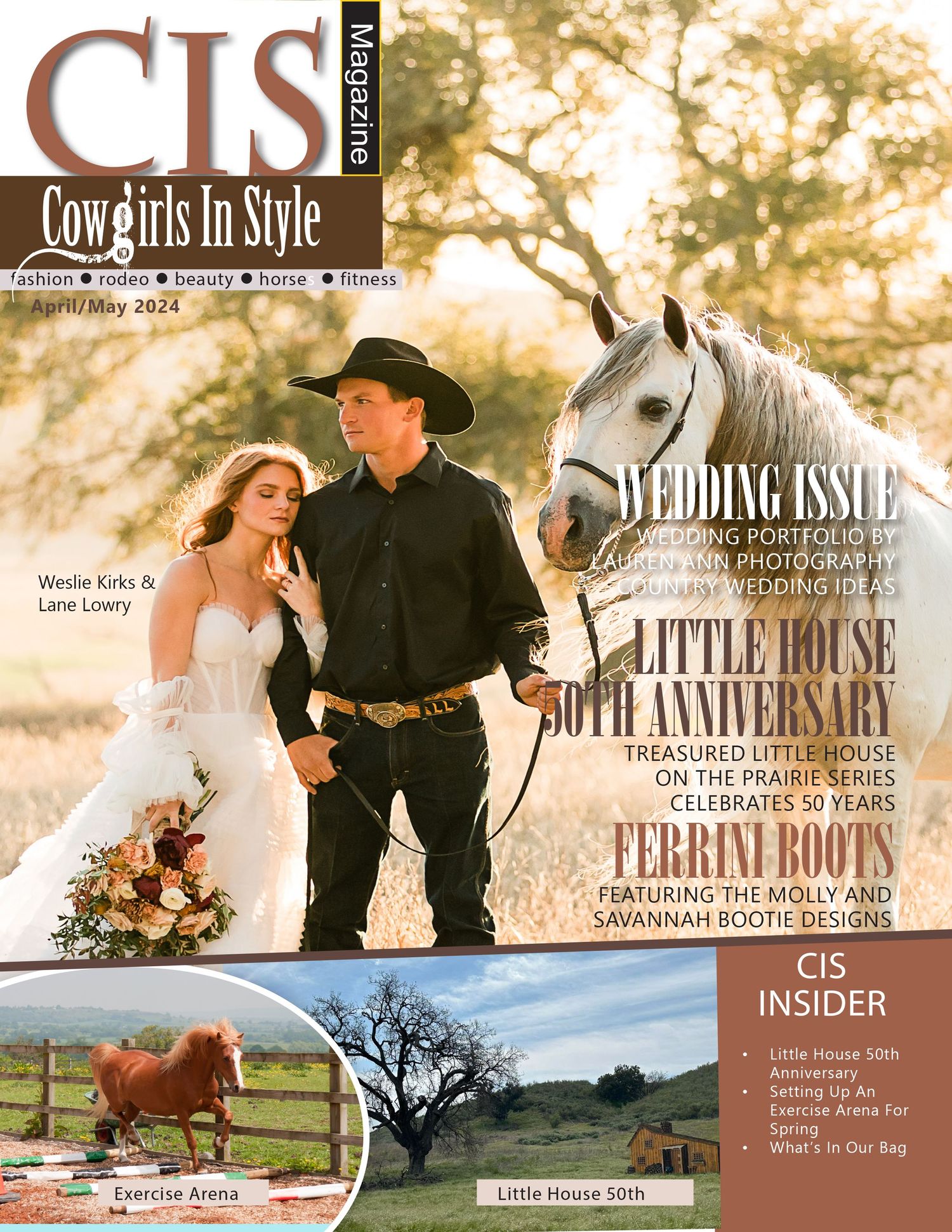 A collection of magazine covers featuring western and cowgirl style wedding photography with rustic romantic themes.