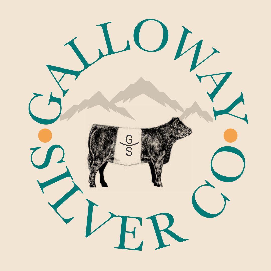 Circular logo design for Galloway Silver Co featuring black cattle silhouette and mountain scenery.