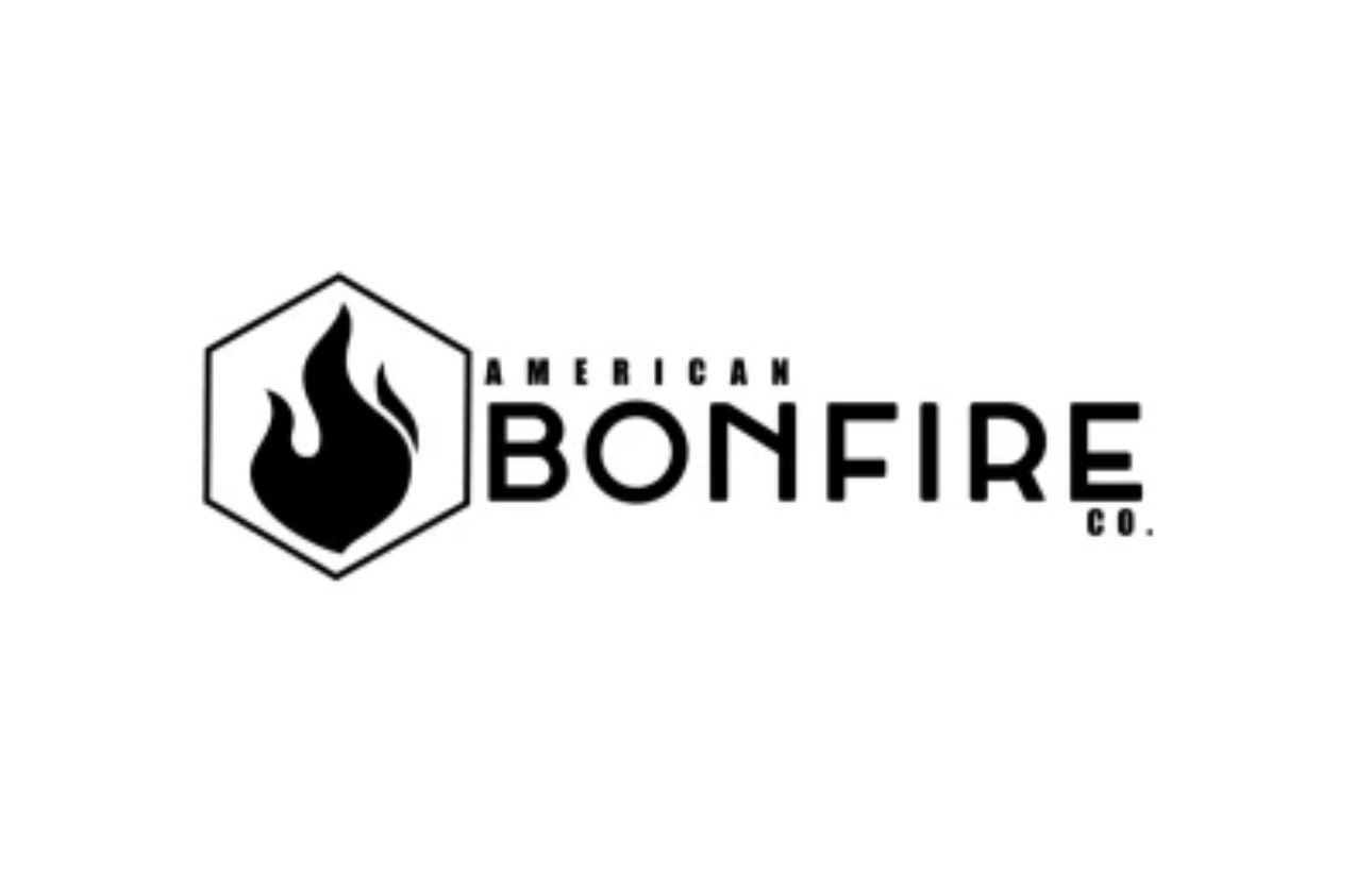 Black hexagonal logo for American Bonfire Co. featuring a flame icon.