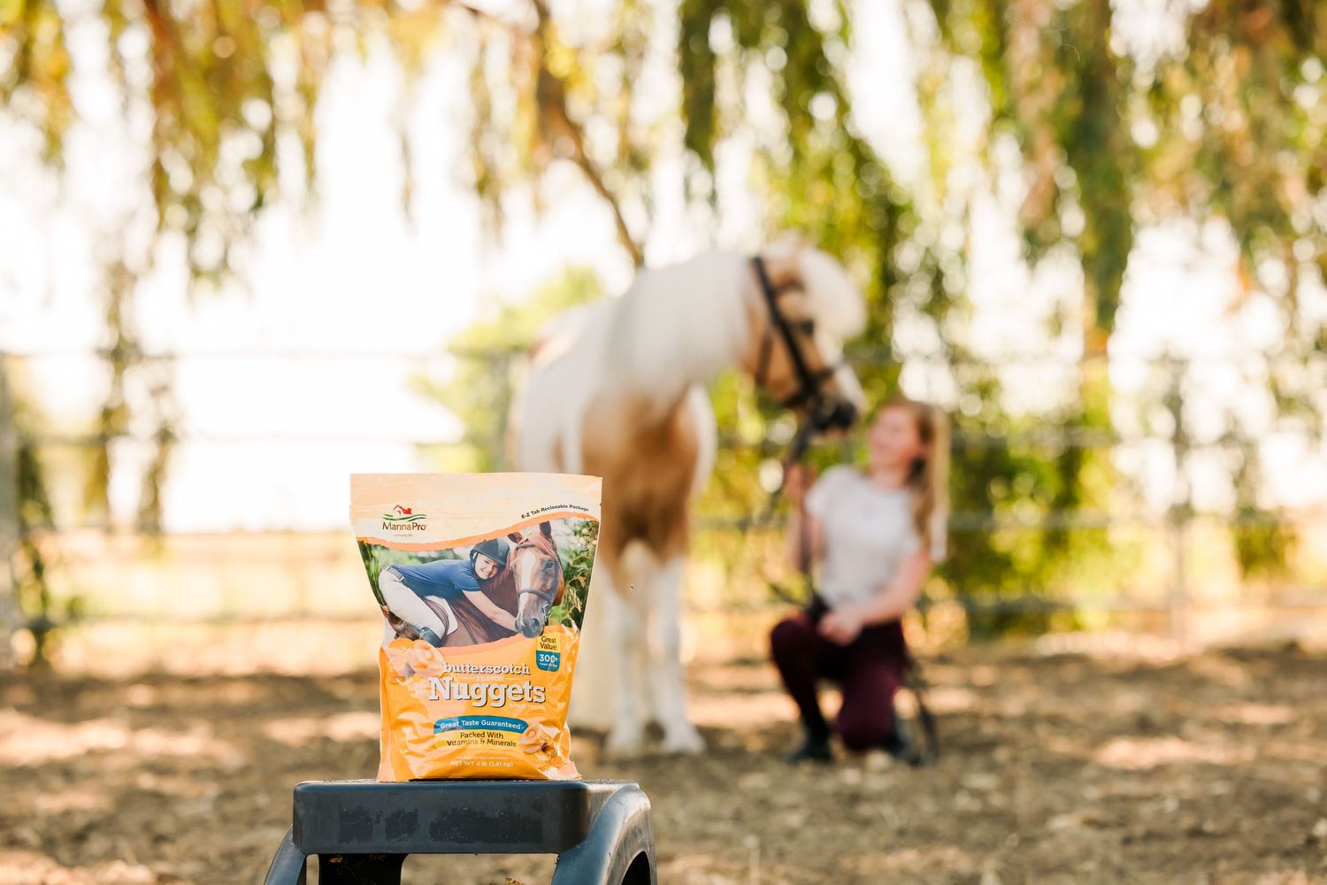 Snack package on table with white horse and trees in blurred background.