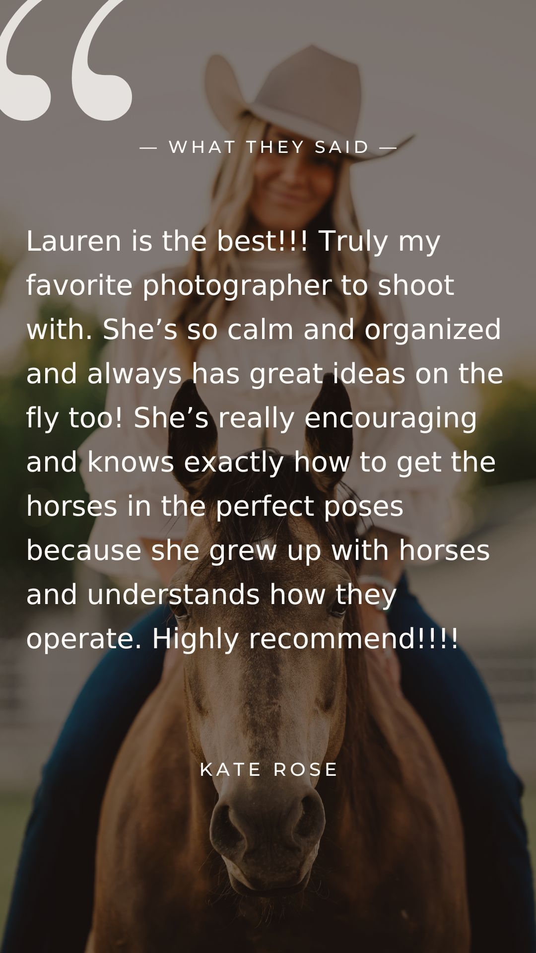 A dark brown horse stands in front of a testimonial review text overlay against a blurred background.