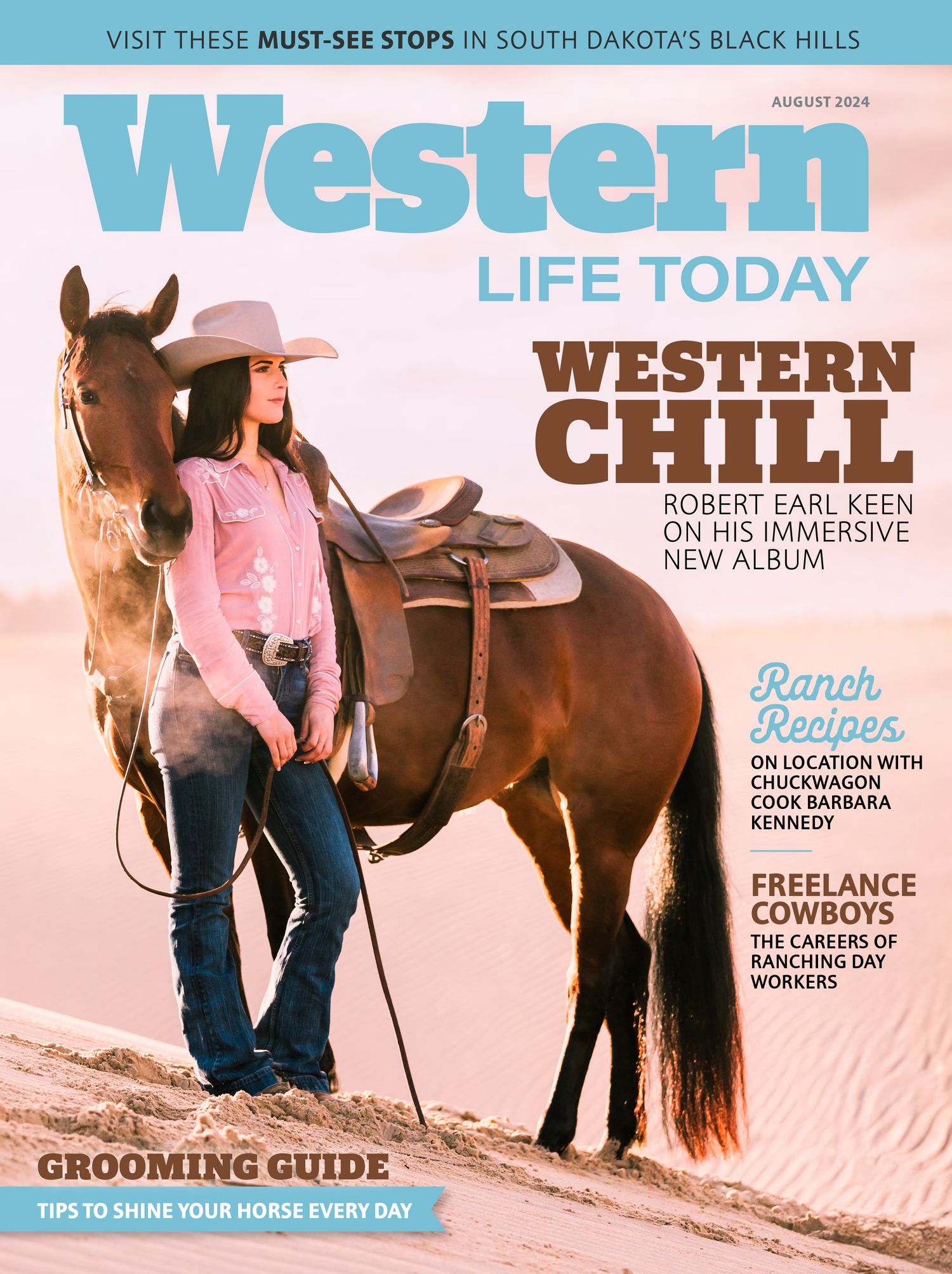 Magazine cover of Western Life Today featuring a cowgirl in pink shirt with horse against a soft sunset background.