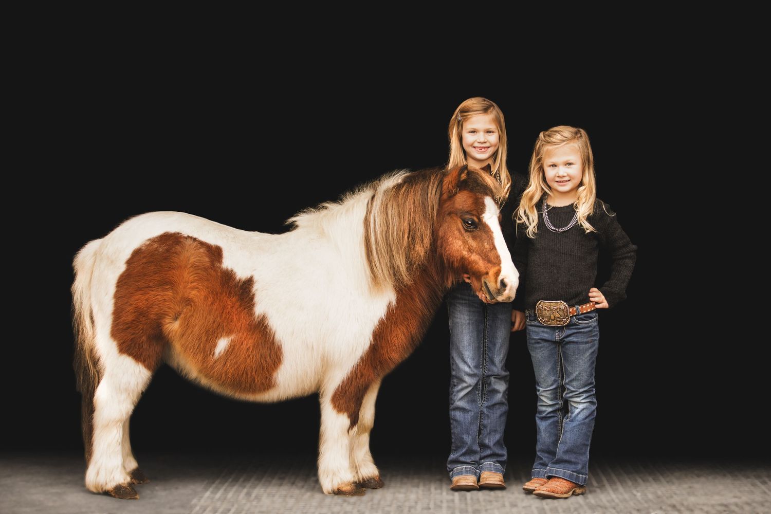 Small pinto pony stands next to two children against dark background.