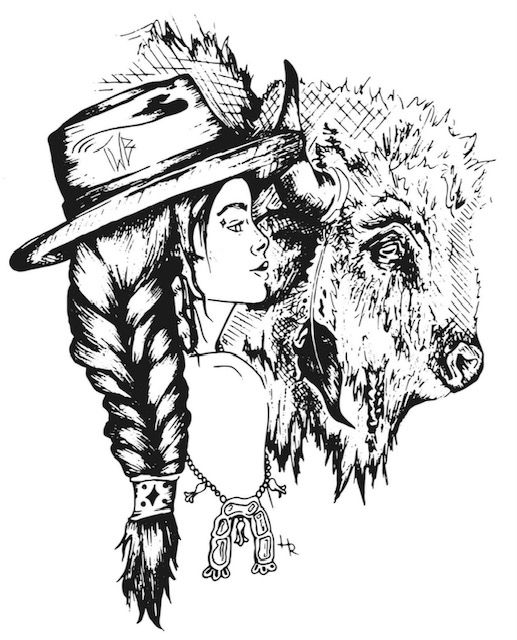 Black and white sketch of a native woman with braids and cowboy hat next to a buffalo.