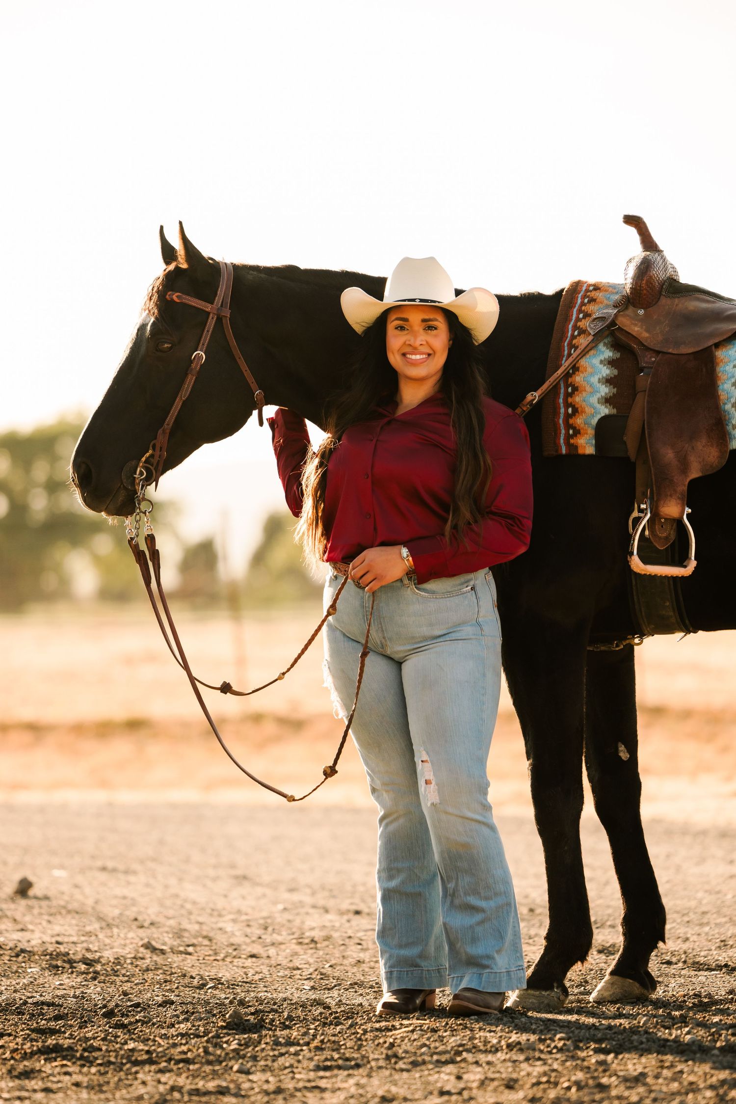 A series of four photos showing a person in jeans and cowboy boots standing next to a black horse on dusty ground.