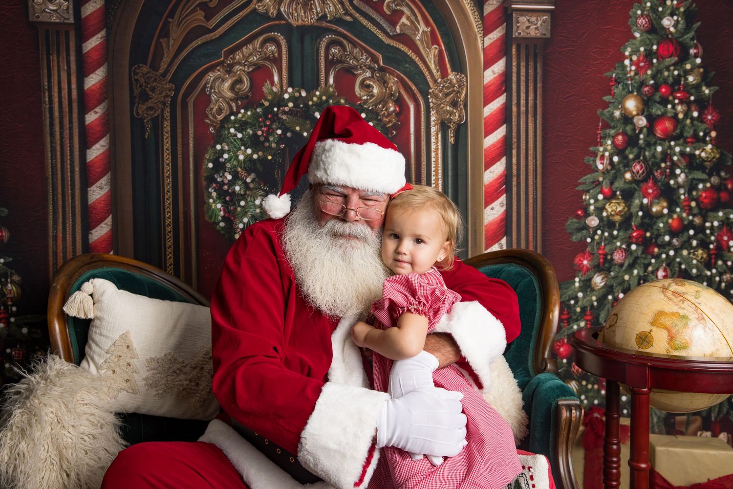 Seven festive Christmas scenes showing interactions with Santa Claus in a traditional holiday studio setting with decorated trees.
