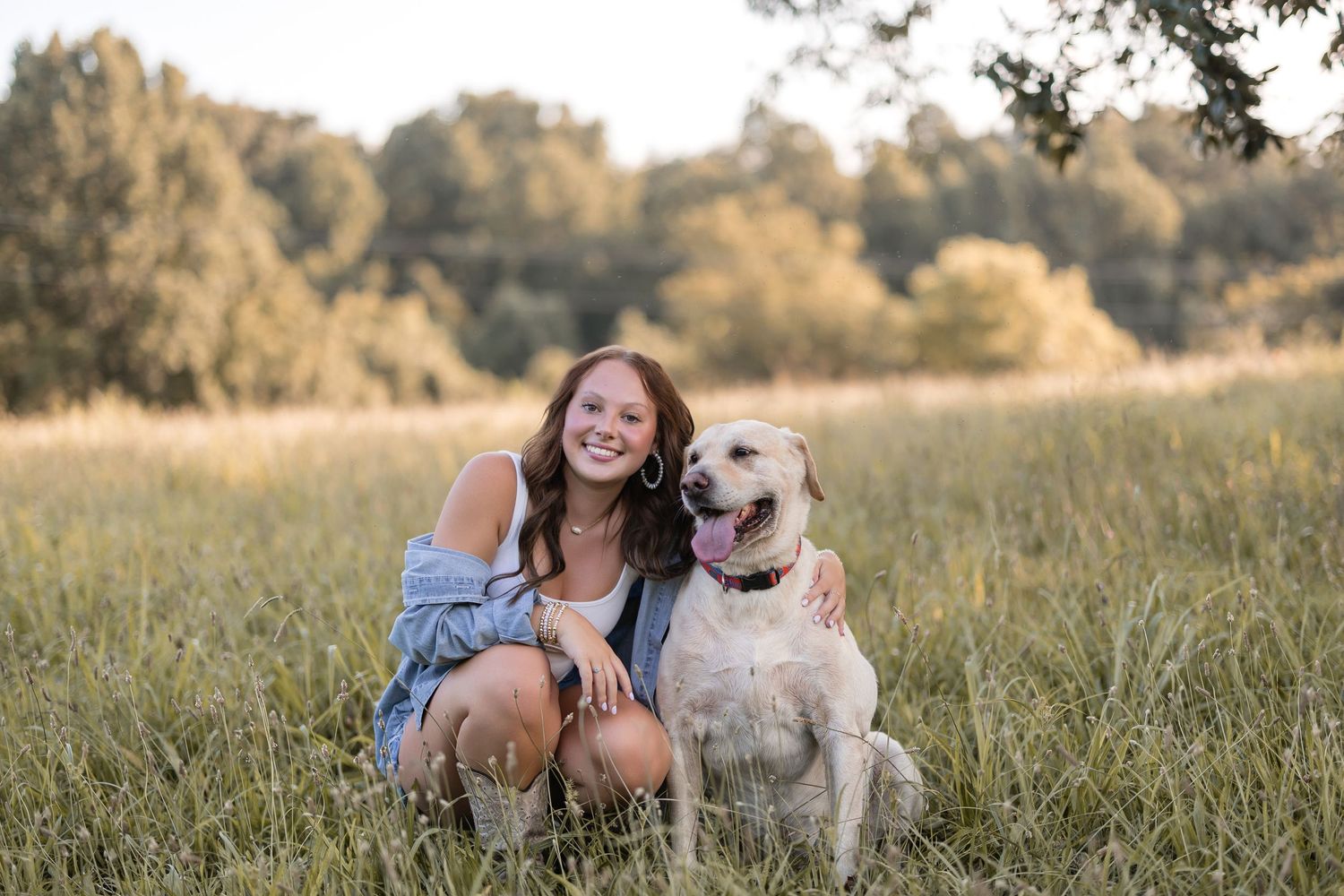 A happy golden retriever and its companion enjoying a sunny afternoon in a grassy meadow at golden hour.