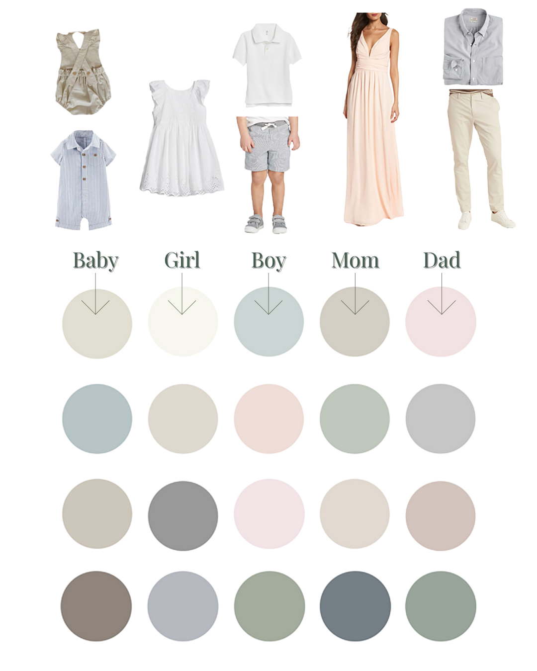 Color palette featuring muted sage green, dusty pink, warm beige, and grey tones with coordinating family clothing examples.