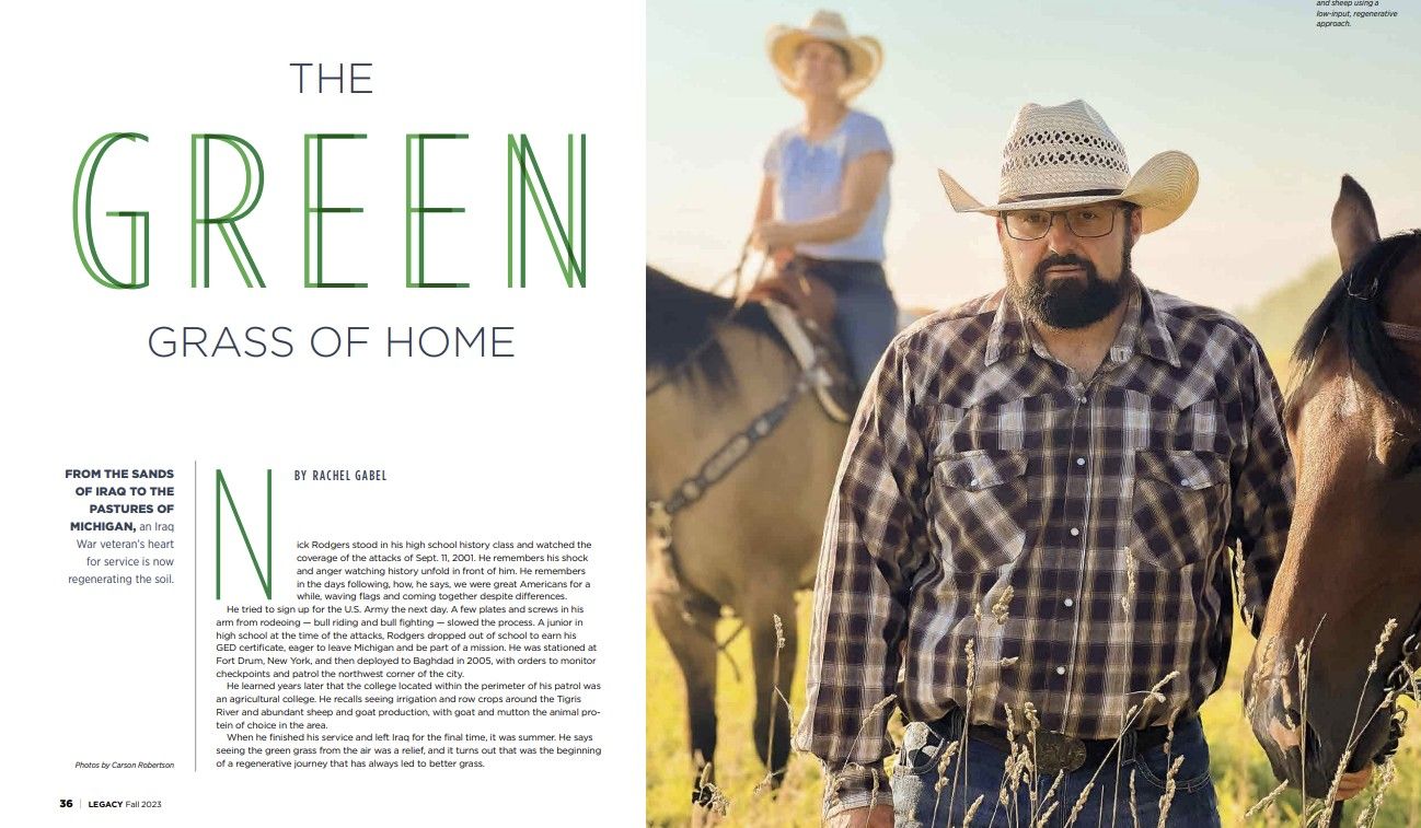 Magazine spread titled 'The Green' featuring ranch lifestyle photography.