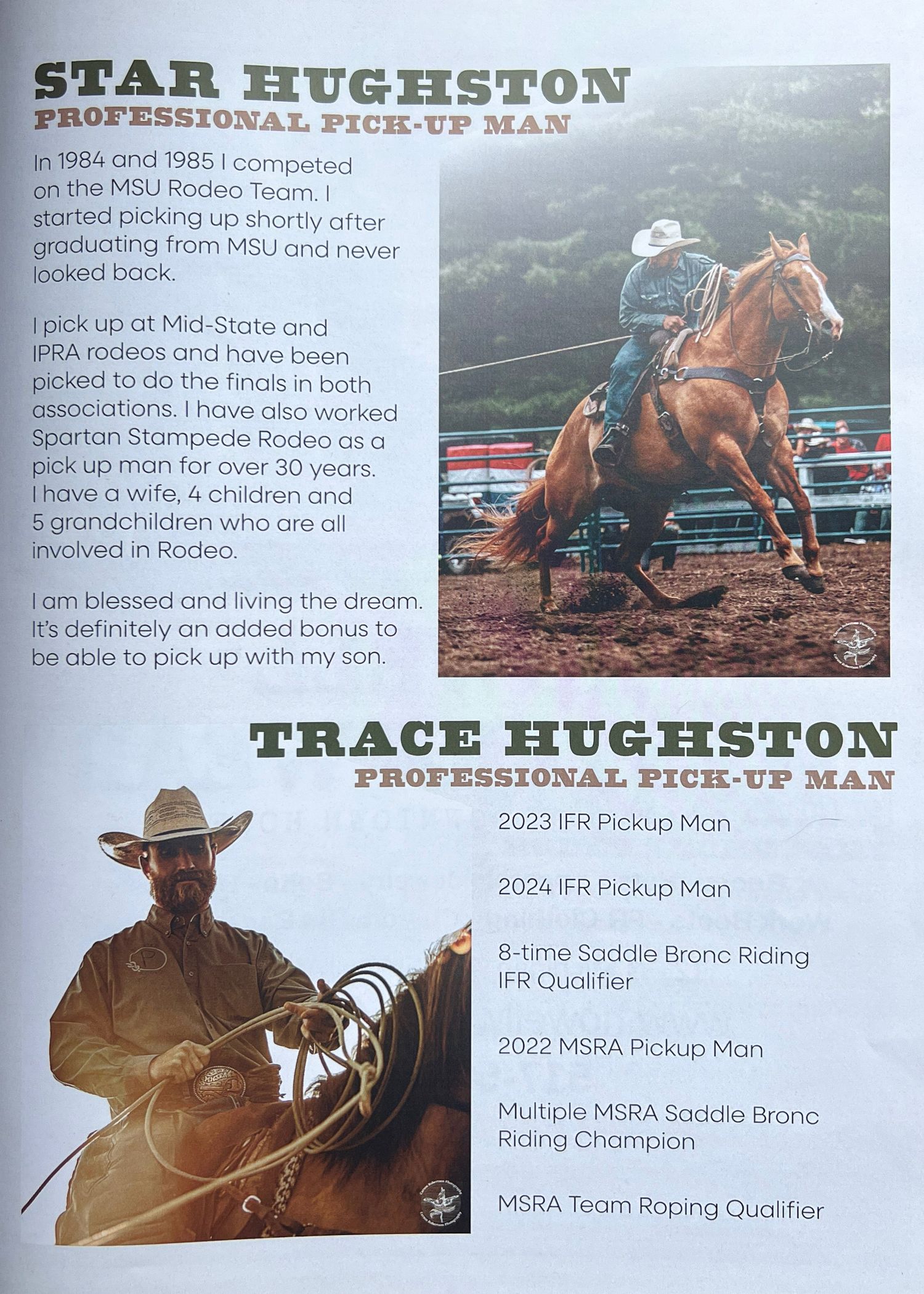 Professional profile of rodeo pickup man Star Hughston with action photos.