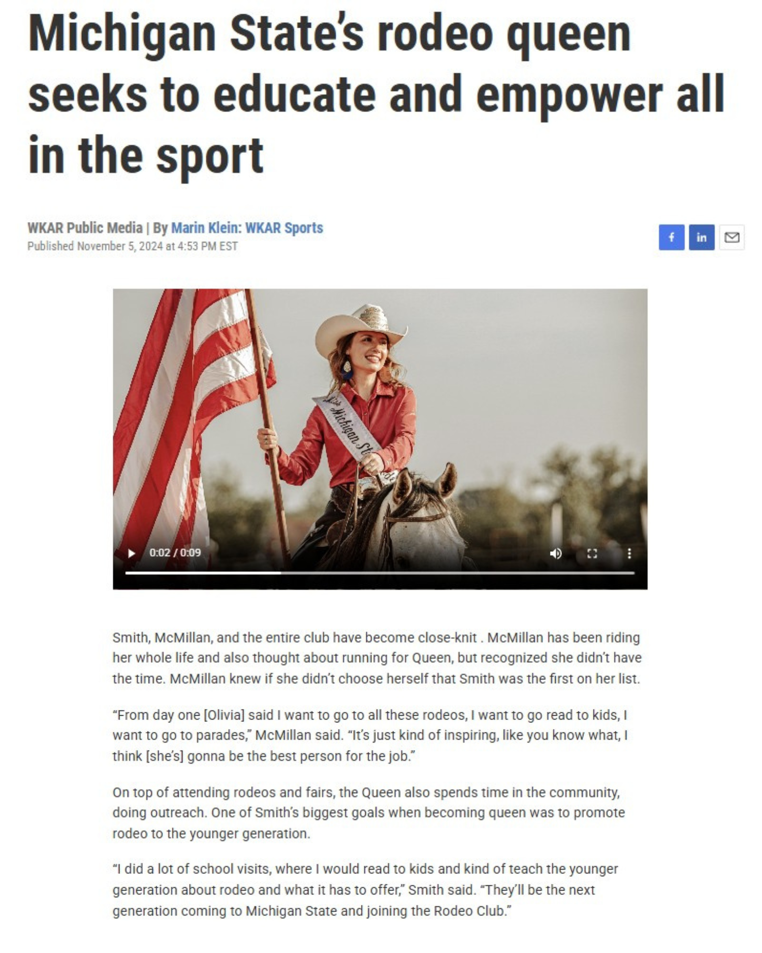 News article featuring rodeo queen carrying American flag on horseback.