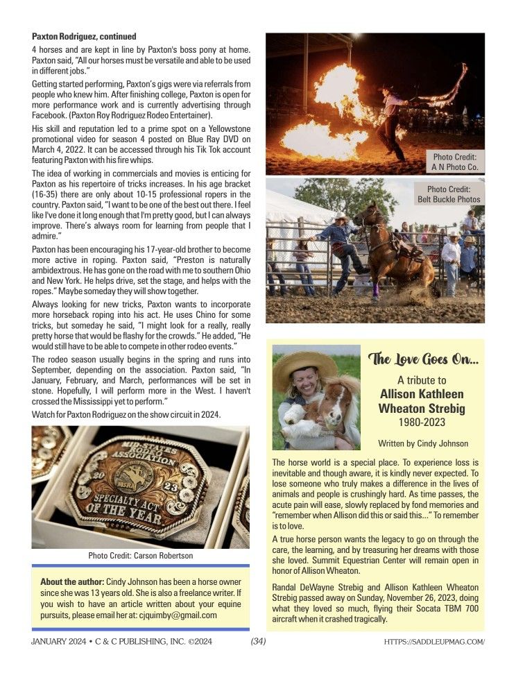 Magazine article spread featuring rodeo events and a flaming performance.