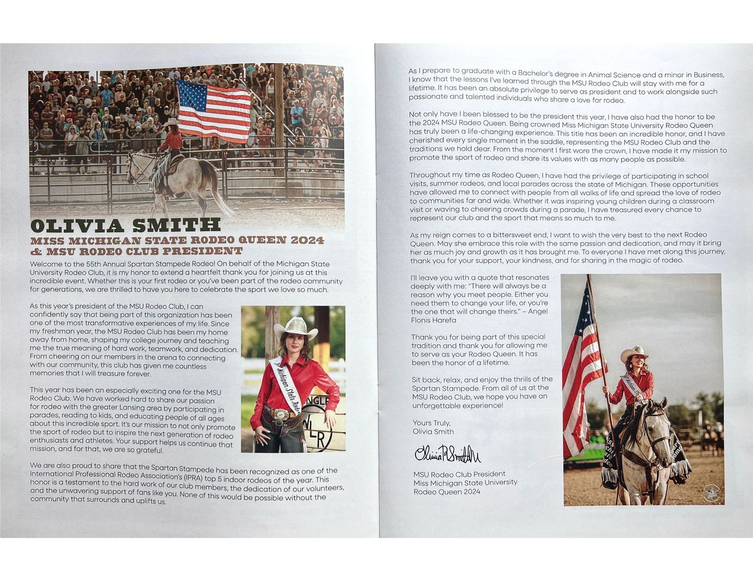 Magazine profile spread featuring competitive rodeo athlete with American flag.