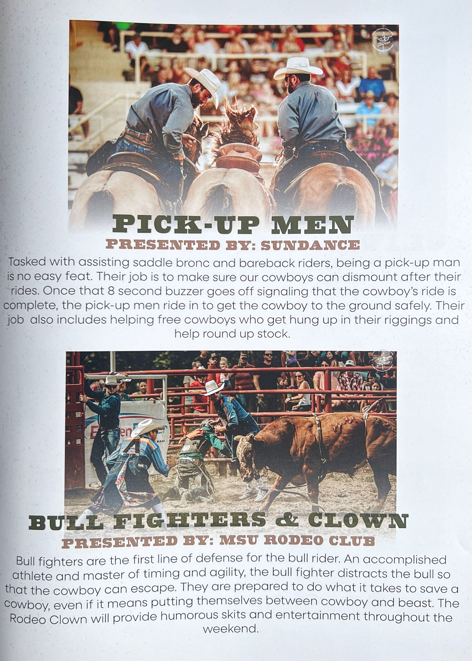 Informational page describing pickup men and bull fighters at rodeo events.