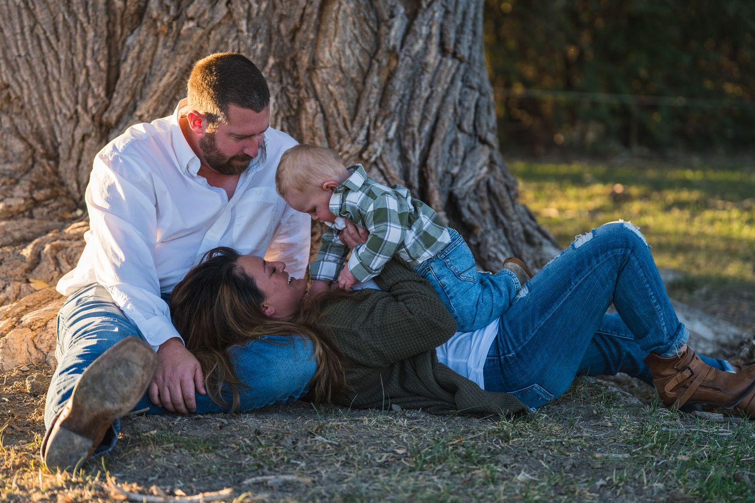 A series of candid outdoor photos showing two people relaxing together under a large tree at sunset.