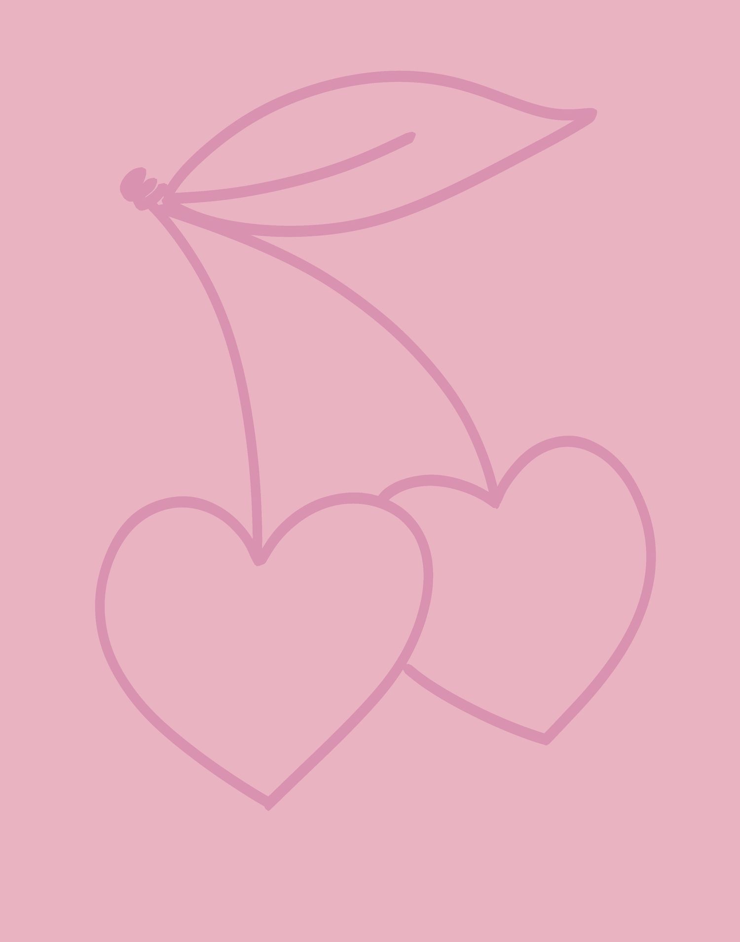 Simple pink line drawing of two heart-shaped cherries with a leaf on top against a pink background.