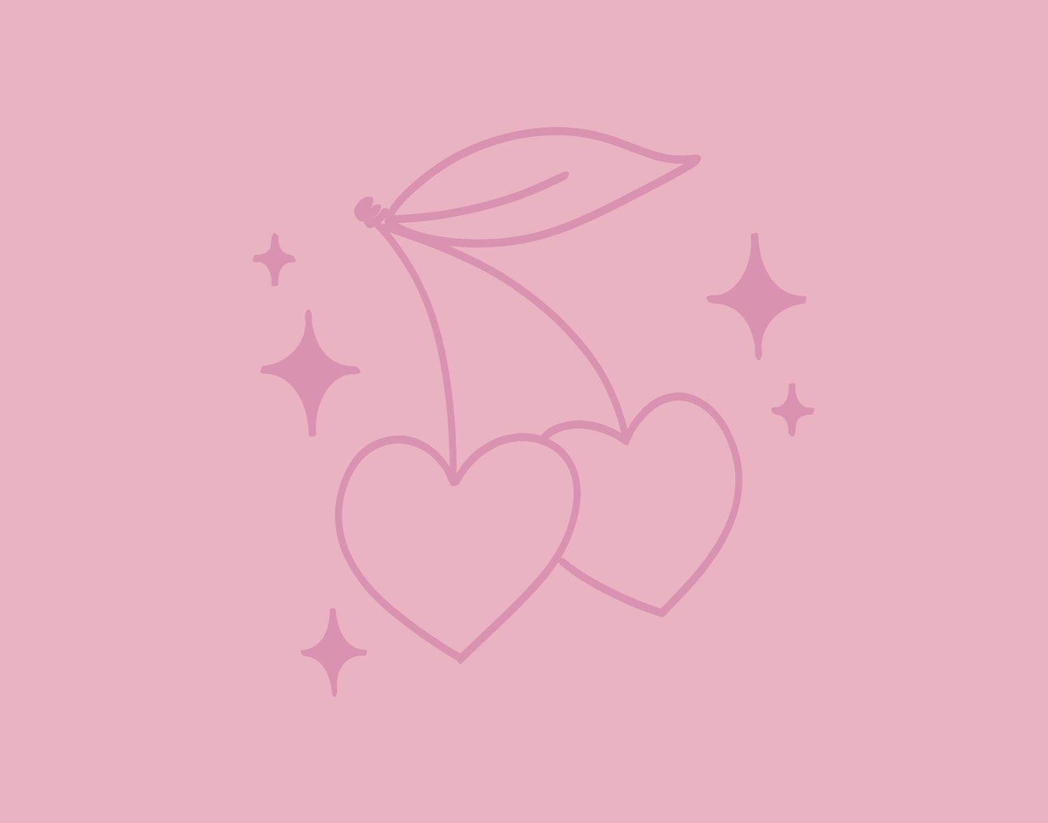 Pink heart cherries illustration with sparkle elements on pastel background.