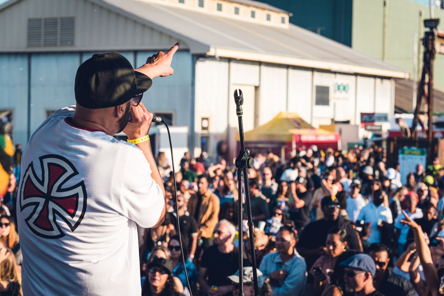 Live performer on stage gesturing to energetic outdoor festival crowd.