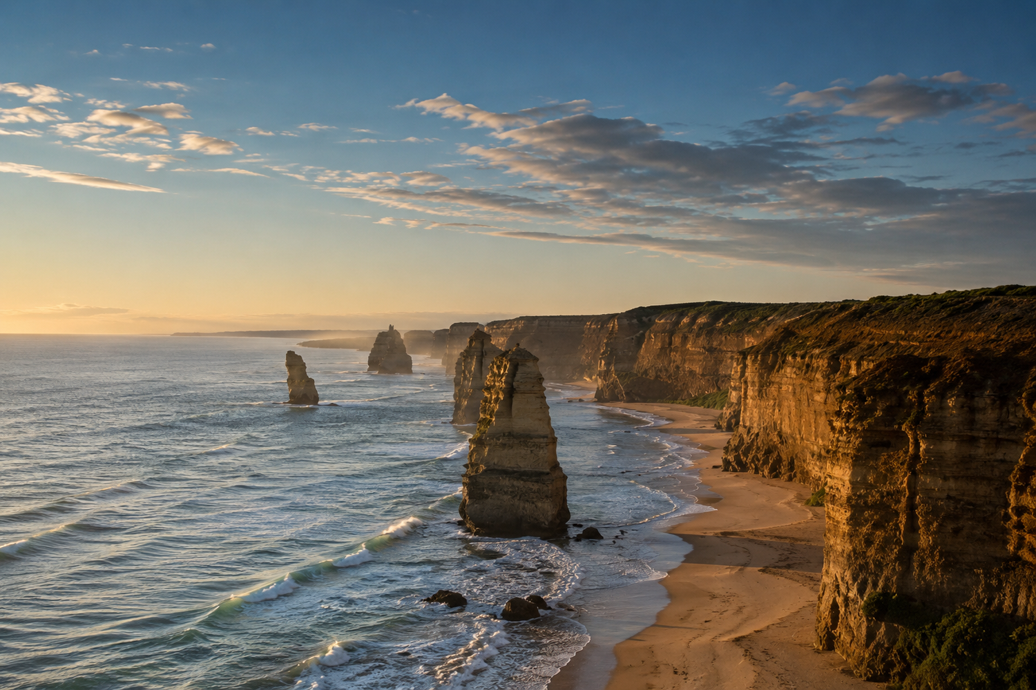 Twelve Apostles limestone rock stacks rising from Southern Ocean at golden sunset, Great Ocean Road, Victoria, Australia.