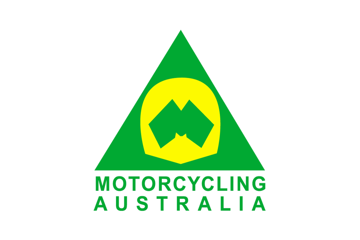 Motorcycling Australia official logo featuring green triangle with yellow Australian map symbol.