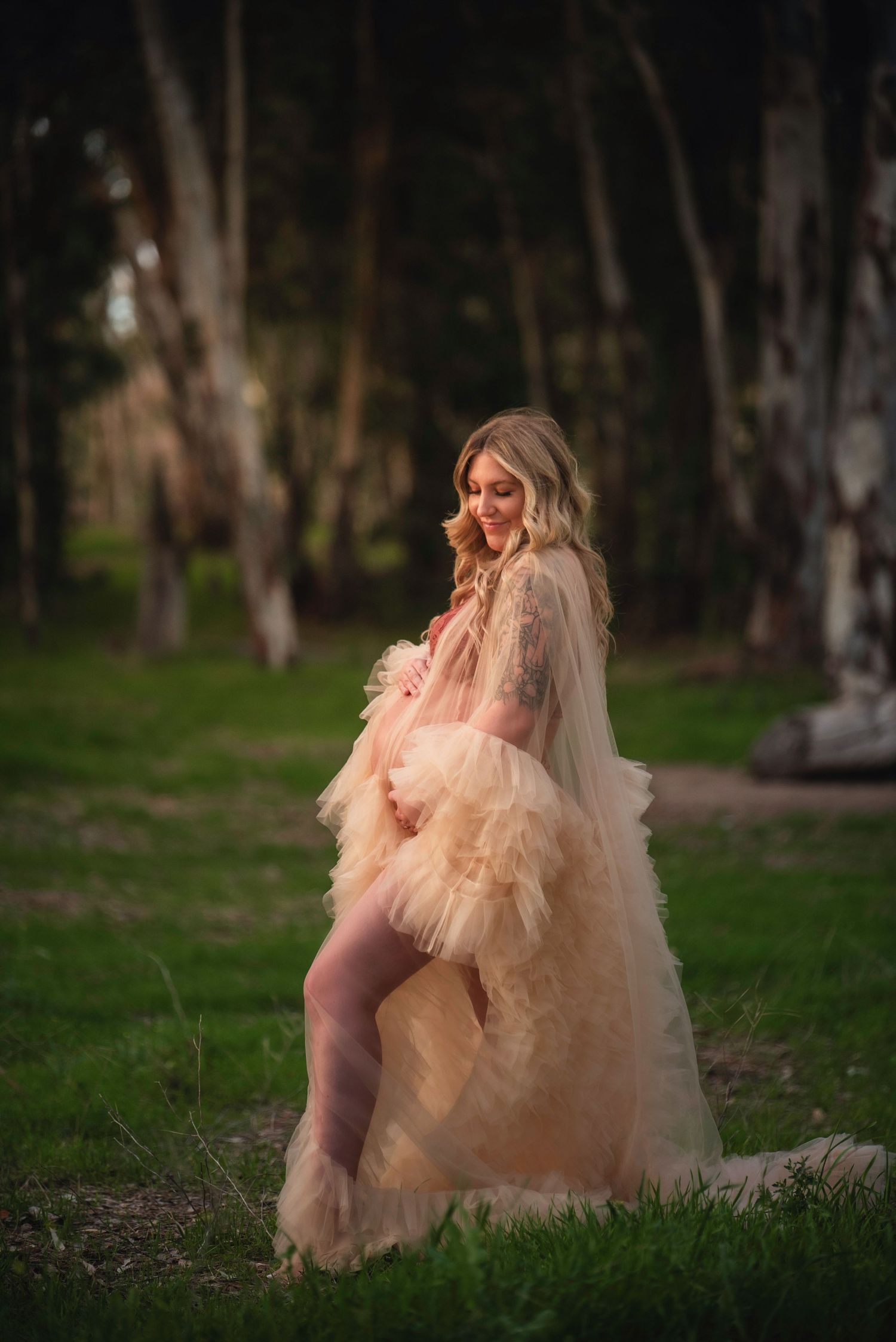 Expectant mother in sheer peach tulle maternity gown posing elegantly among tall trees in soft light.