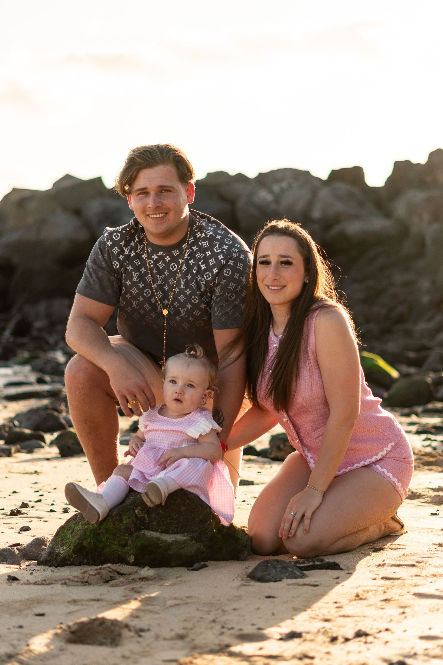 Family photoshoot on Playa Blanca Beach Lanzarote at 
sunset — natural light holiday photography session