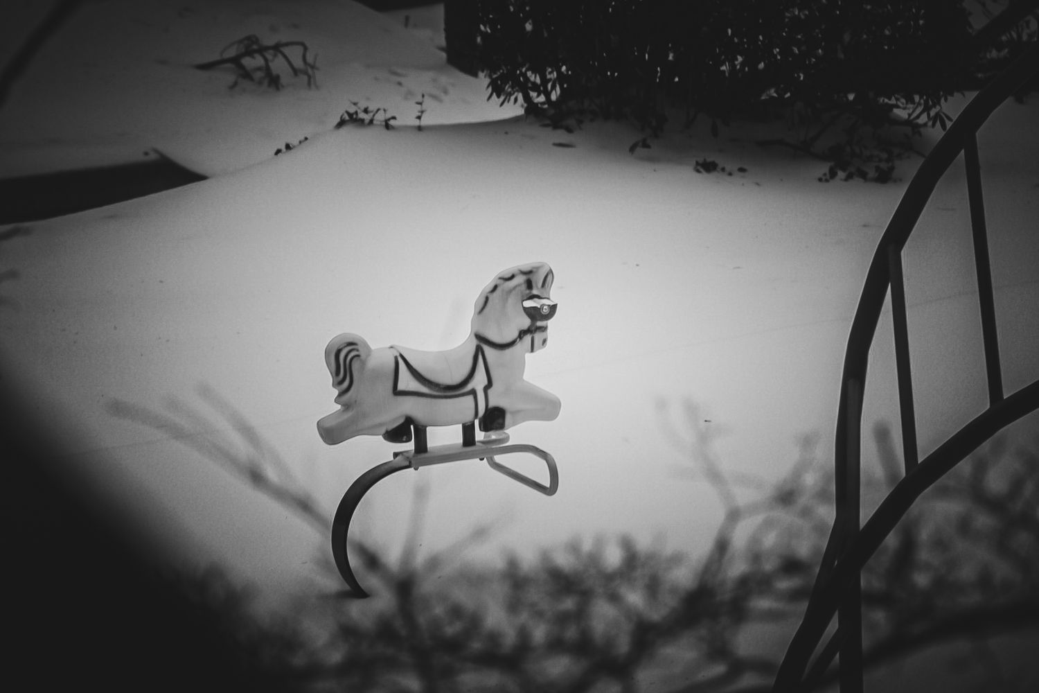A vintage rocking horse toy covered in snow sits in a winter garden in black and white photography.