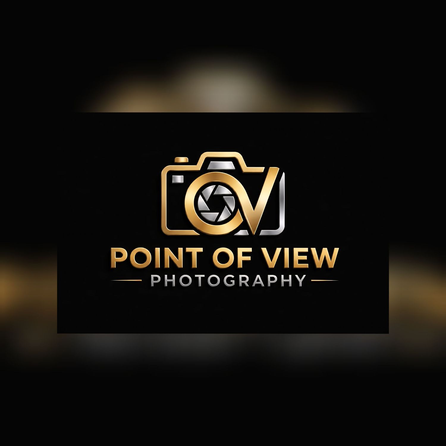 Gold and black Point of View Photography logo featuring a camera with a shutter aperture lens design.