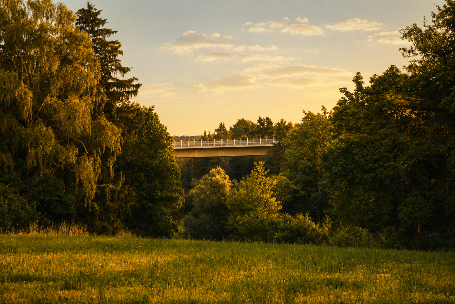 Waldlandschaft im goldenen Abendlicht.