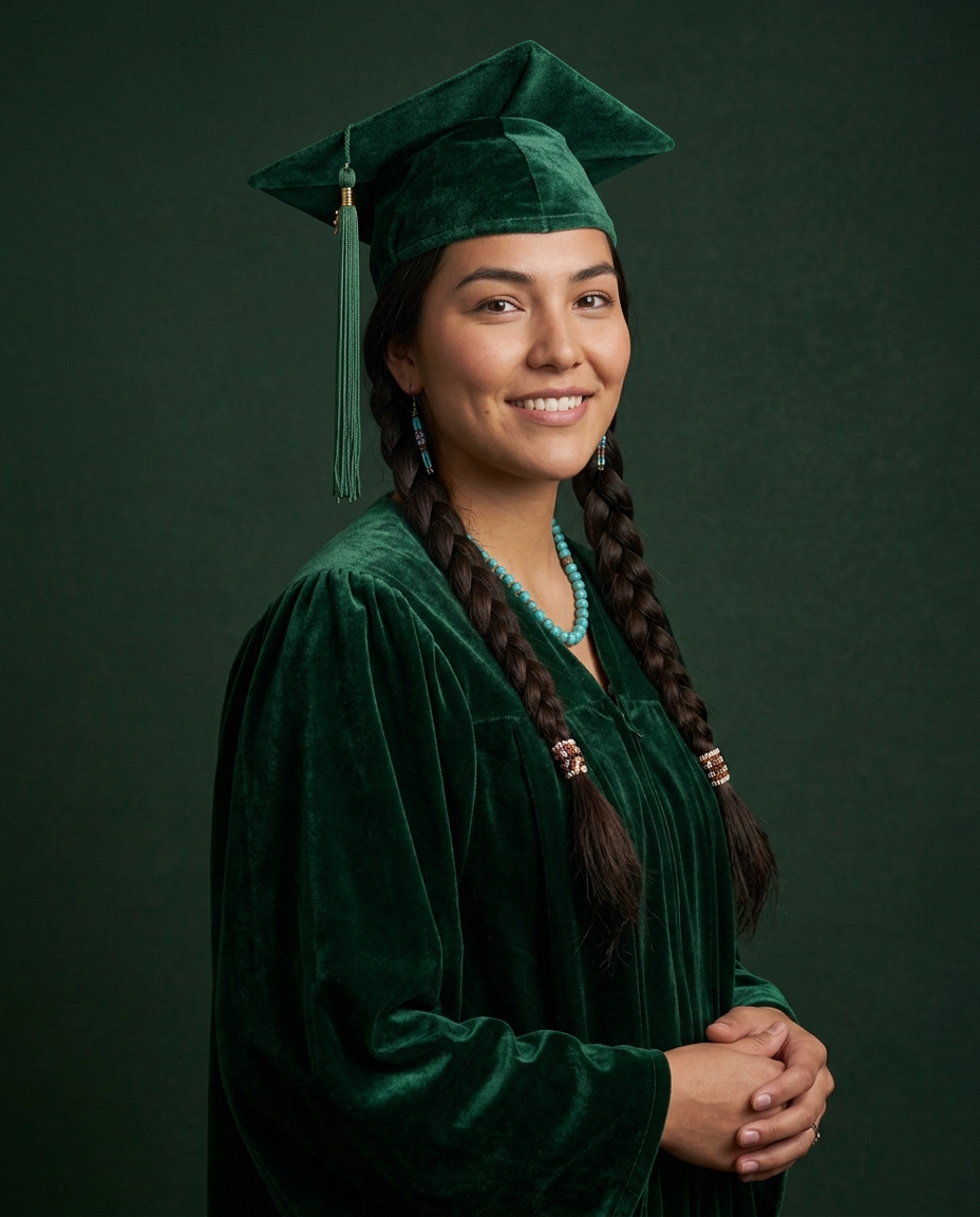 Young woman in green velvet graduation cap and gown smiling against a dark green background.