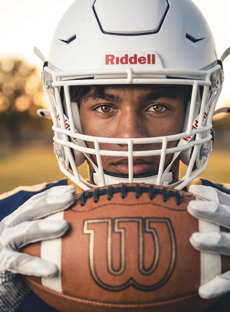 Young football player in white Riddell helmet holding a Wilson football, looking intensely at the camera.