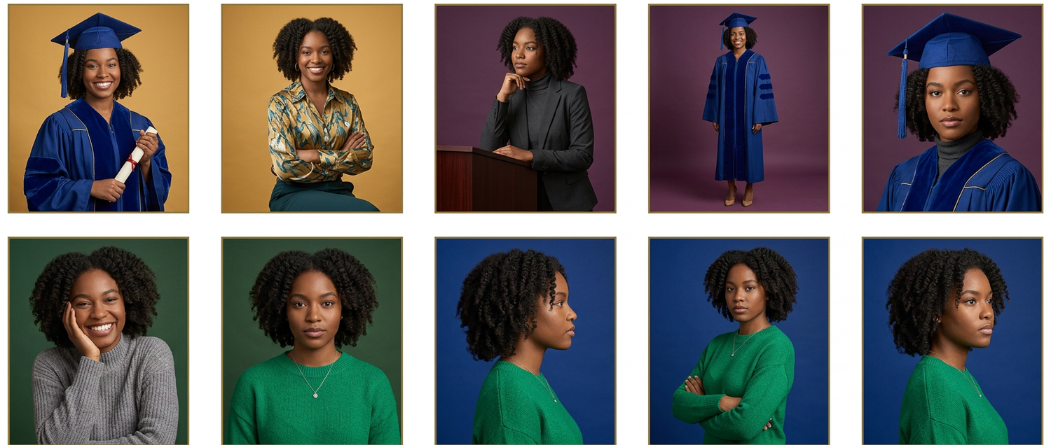 Collage of graduation and casual portraits of a young woman in blue doctoral regalia and green outfits.