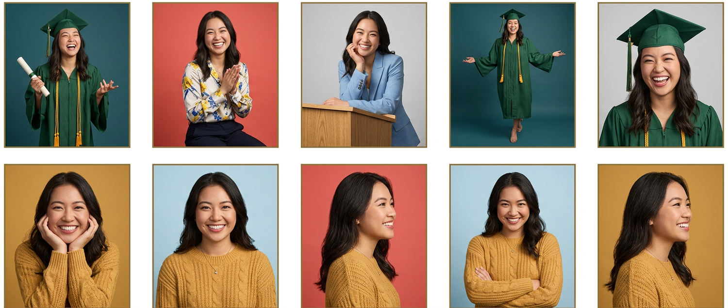 Collage of a young Asian woman in green graduation cap and gown and casual portrait photos on colorful backgrounds.