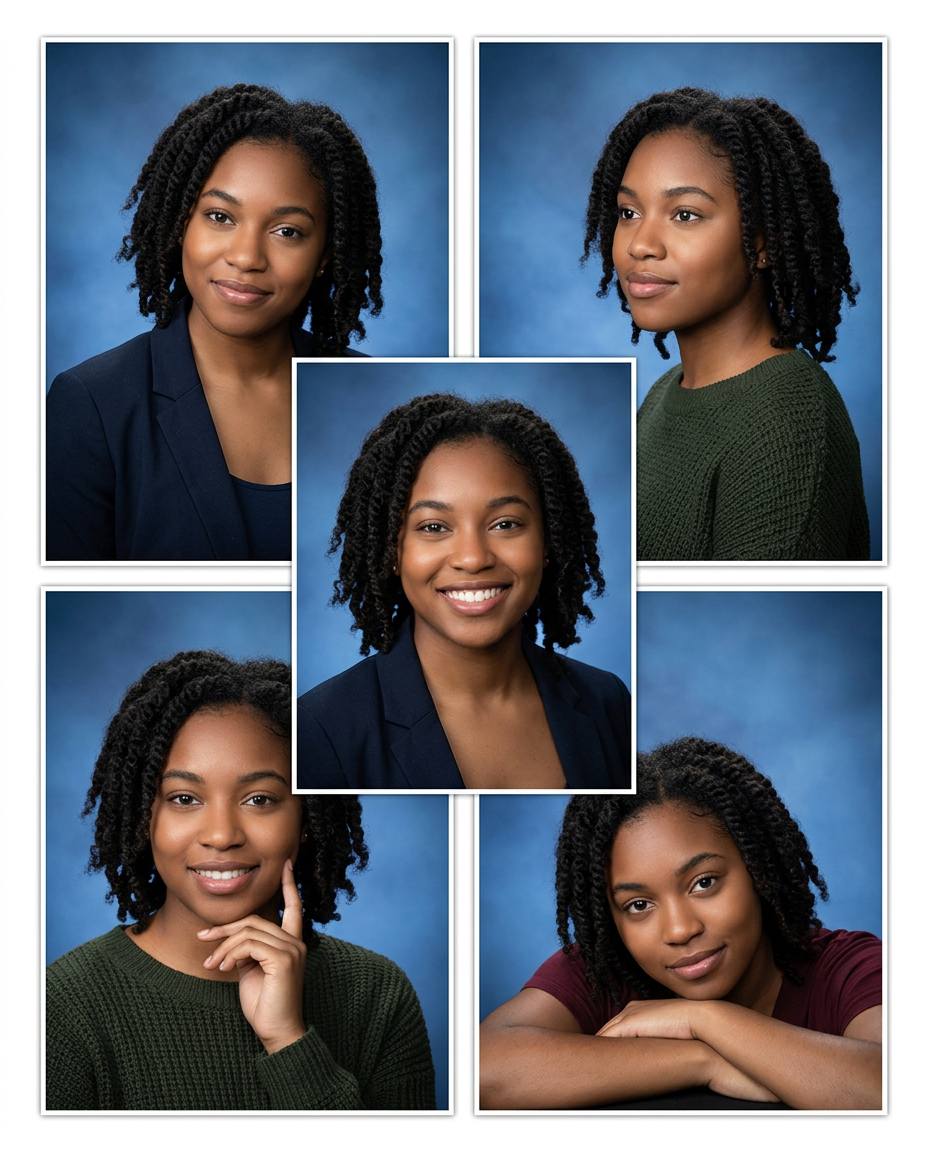 Collage of five portrait photos of young Black women with braided hairstyles posed against a blue studio background.