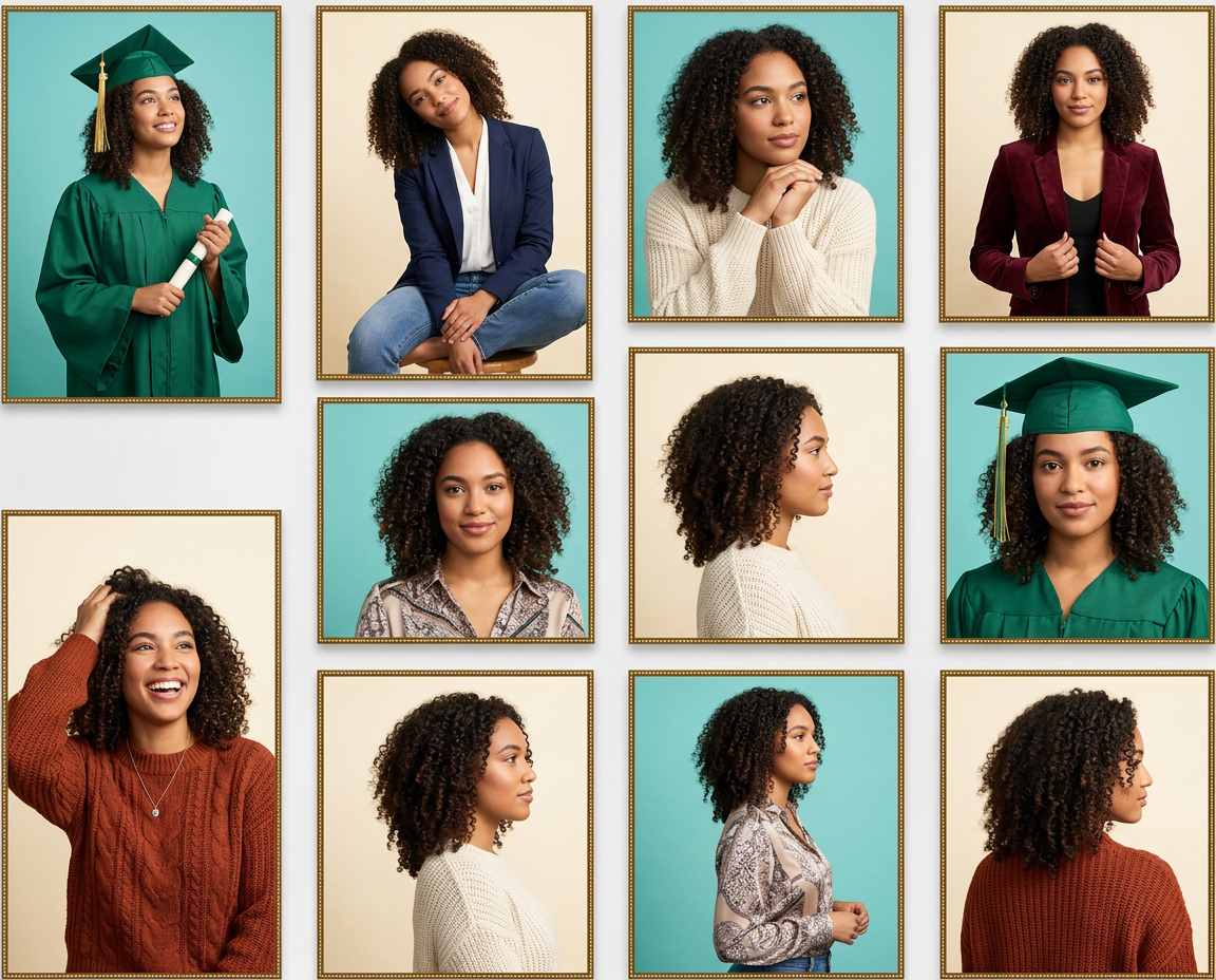 Black woman with natural hair in green graduation cap and gown poses for senior portraits.