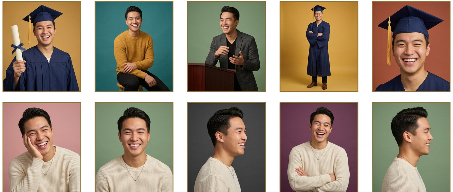Collage of a young Asian man in navy graduation cap and gown and casual portrait photos on colorful backgrounds.