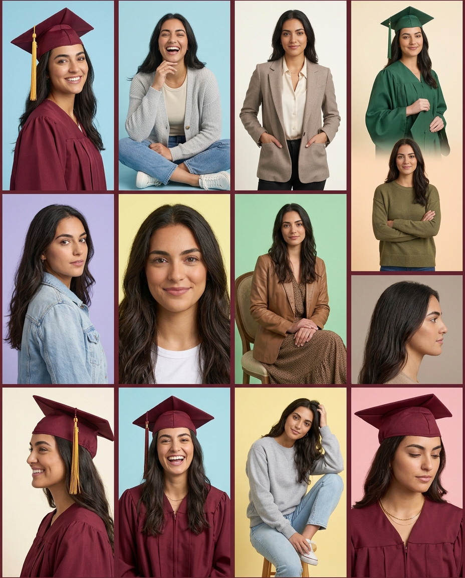 Collage of a young woman in graduation cap and gown and casual outfits against colorful backgrounds.