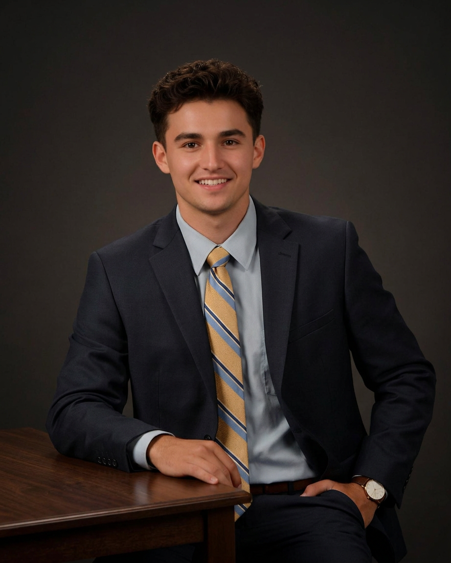 Smiling young man in navy suit and striped tie sits at wooden table for formal senior portrait photo.