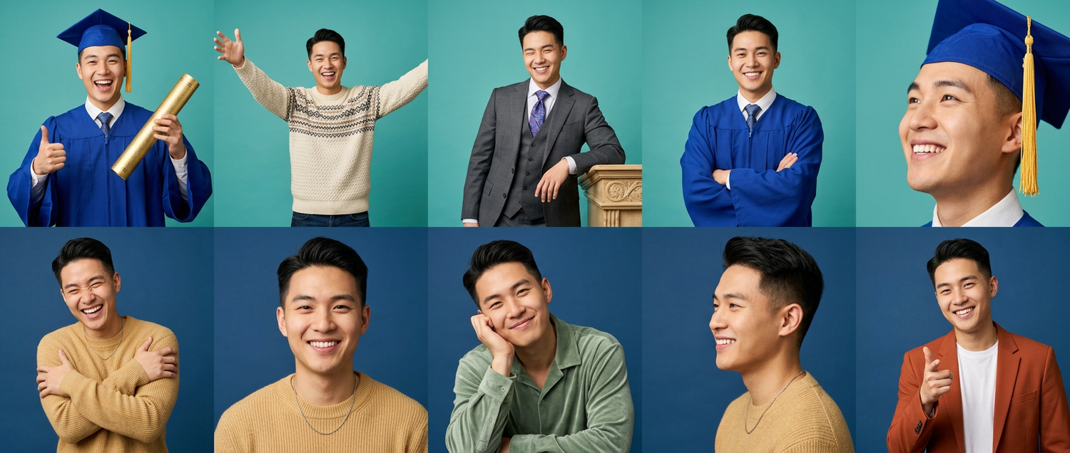 Collage of a young Asian man in blue graduation cap and gown and casual portrait photos on teal backgrounds.