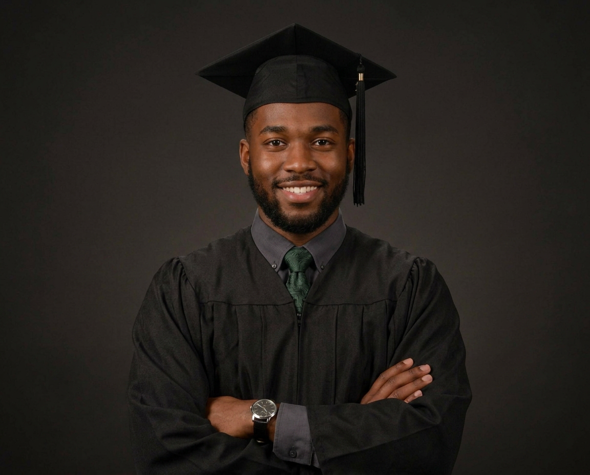 Young man in black graduation cap and gown smiling with arms crossed in a studio portrait.