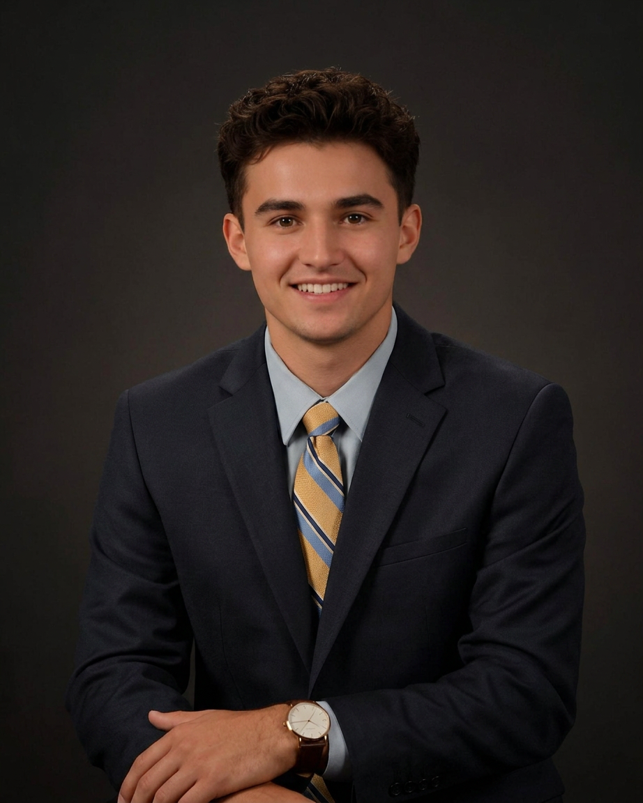 Smiling young man in navy suit and gold striped tie poses for formal senior portrait on dark background.