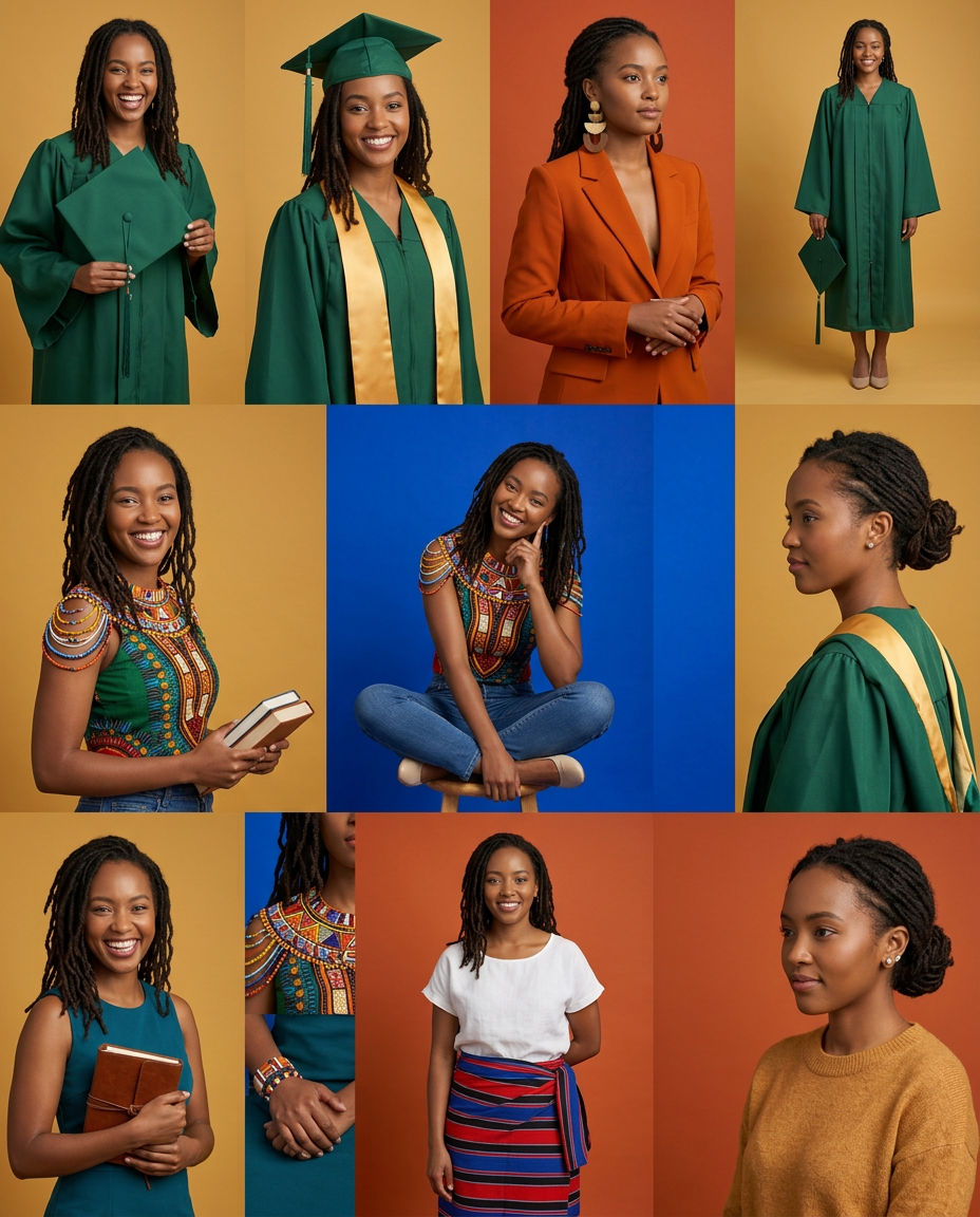 Black woman showcased in multiple vibrant portrait photos wearing graduation cap and gown and colorful outfits.
