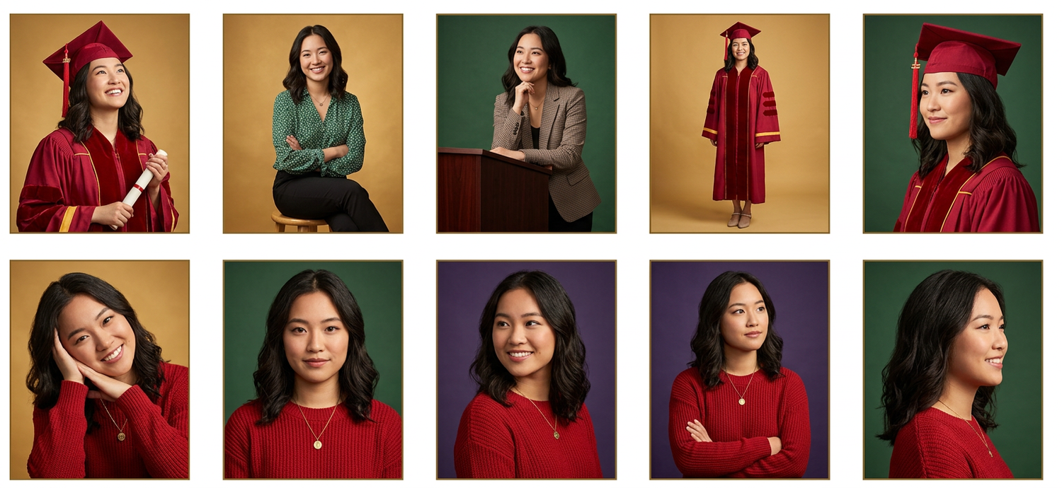 Collage of graduation portrait photos featuring a young woman in red cap and gown in various poses.