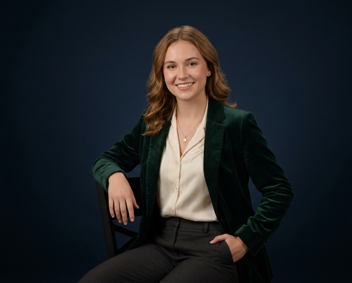 Young woman in green velvet blazer smiles for professional senior portrait against navy background.