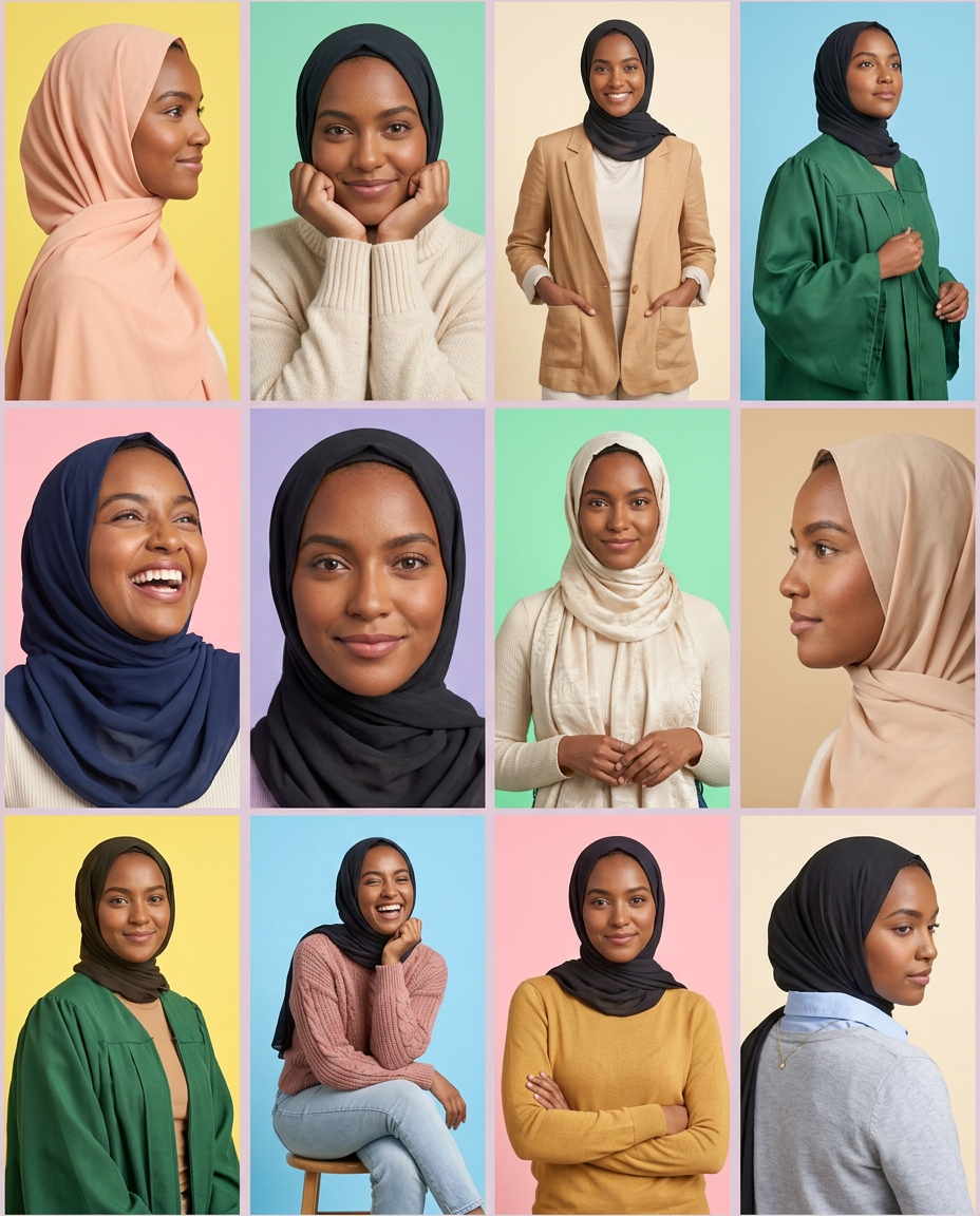 Collage of a young Black woman wearing hijab in various colors against pastel studio backgrounds.