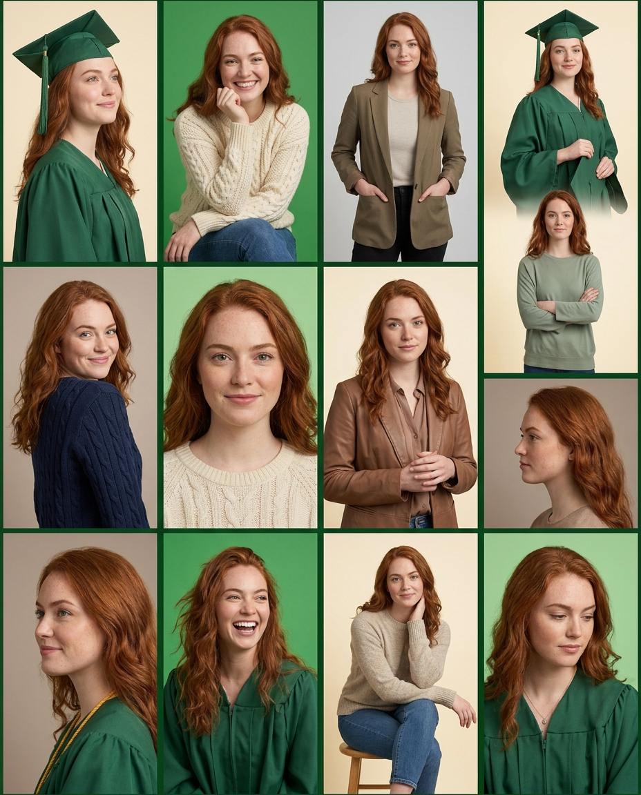 Redhead woman in green graduation gown poses in multiple professional portrait shots with various outfits.