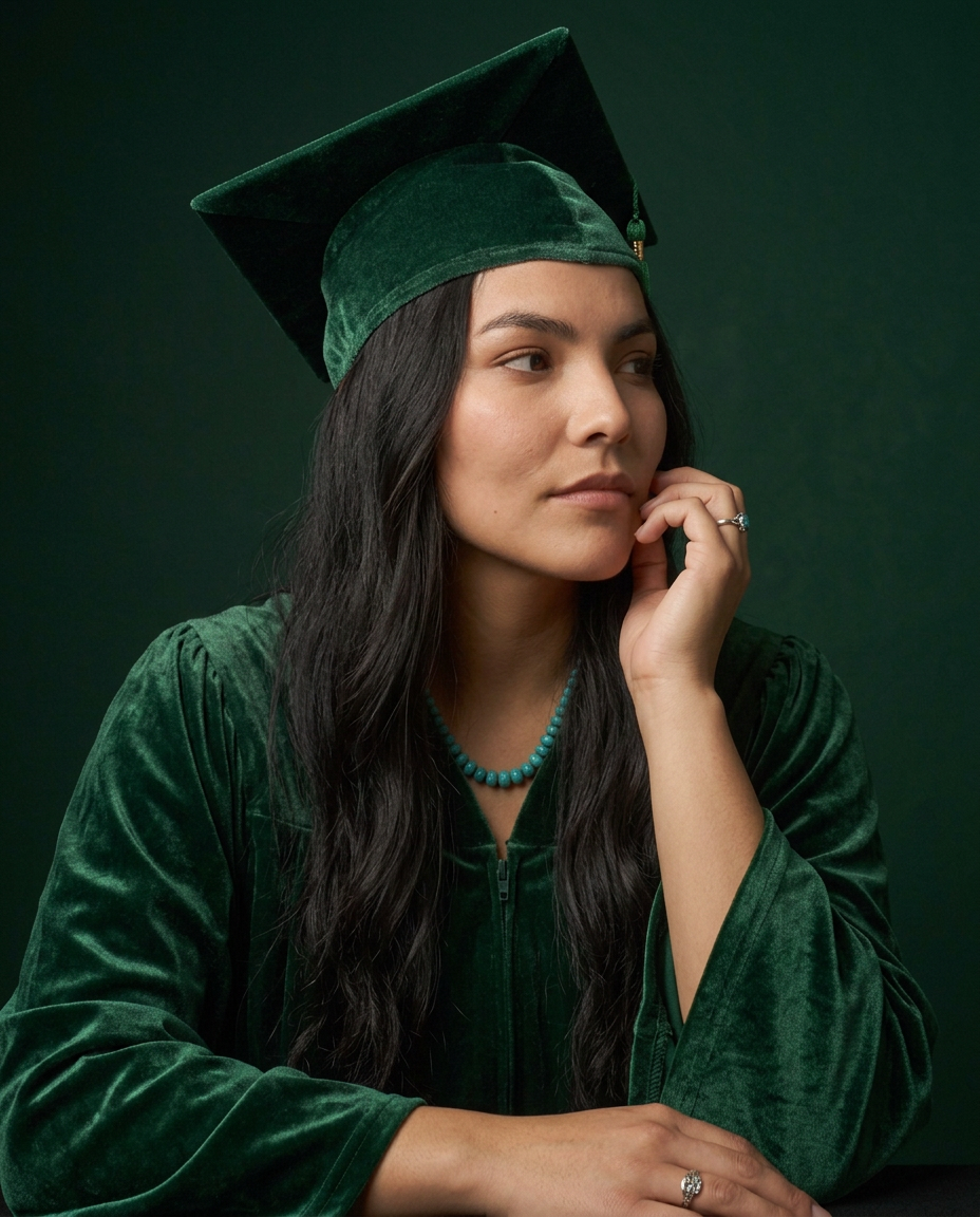 Young woman in emerald green velvet graduation cap and gown posing thoughtfully against green background.