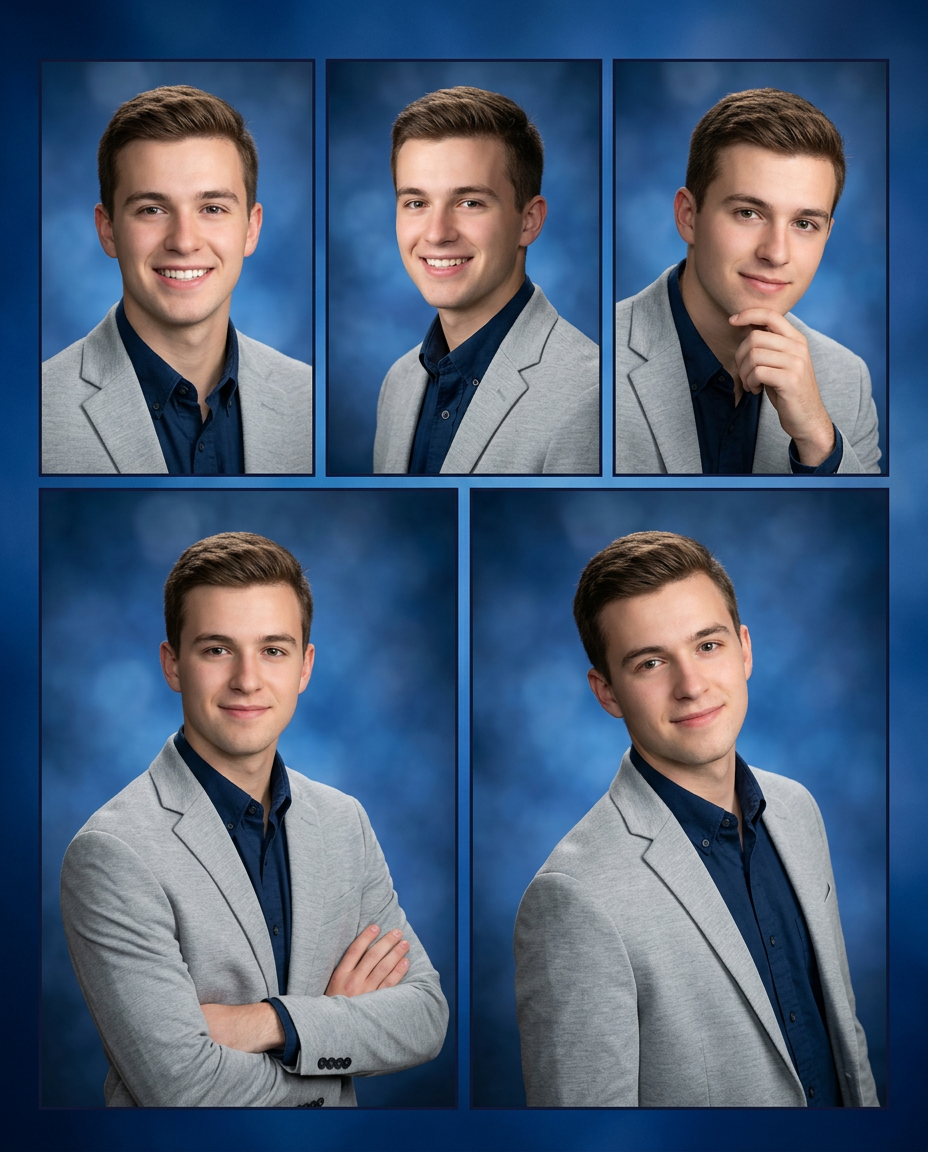 Five senior portrait poses of a young man in a gray blazer and navy shirt against a blue background.