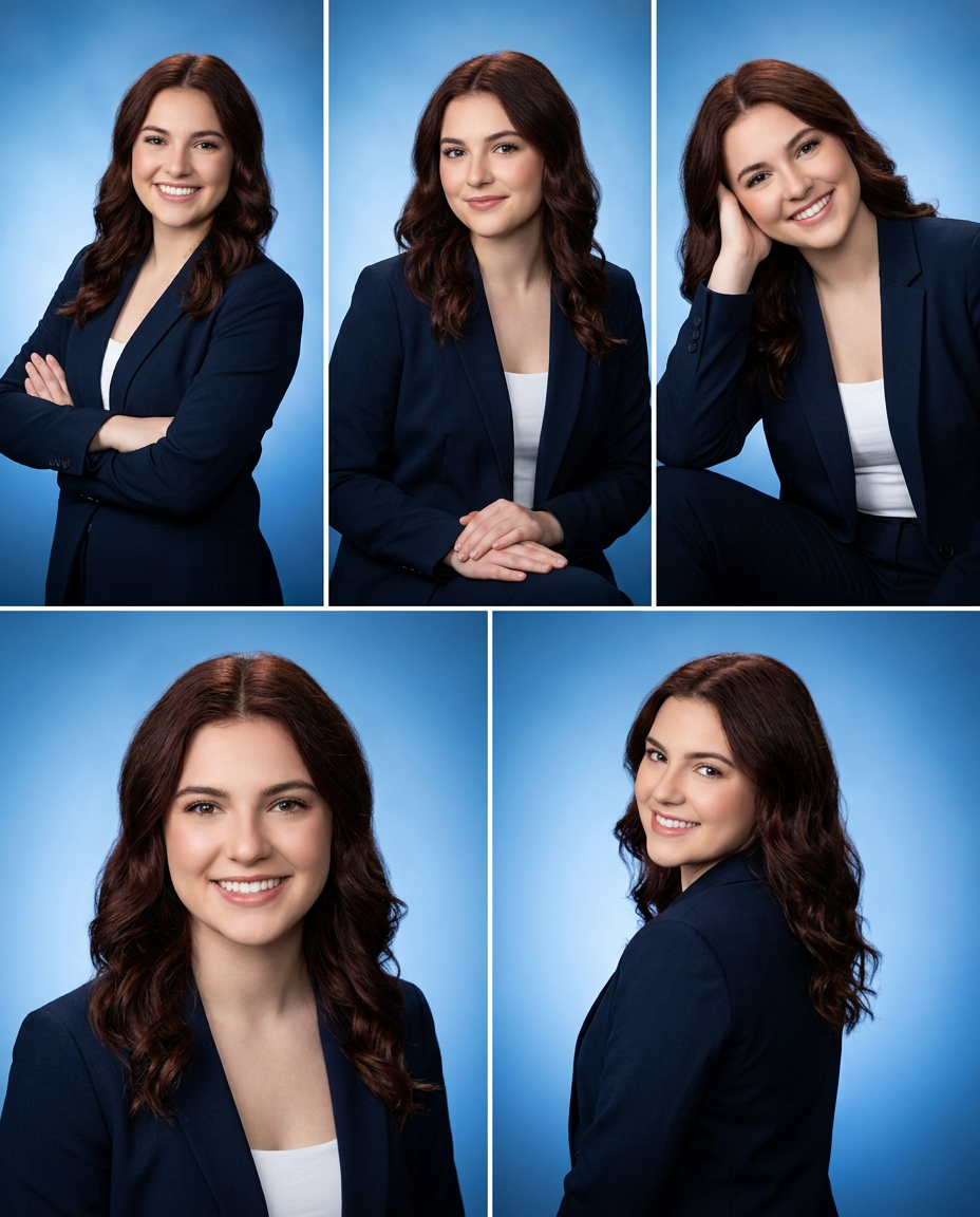 Professional woman in navy blazer poses confidently for corporate headshots against a blue background in five varied poses.